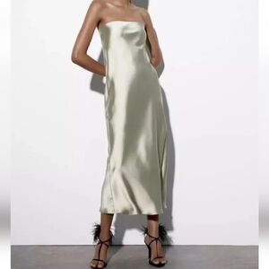 Zara strapless pistachio satin dress ❤️